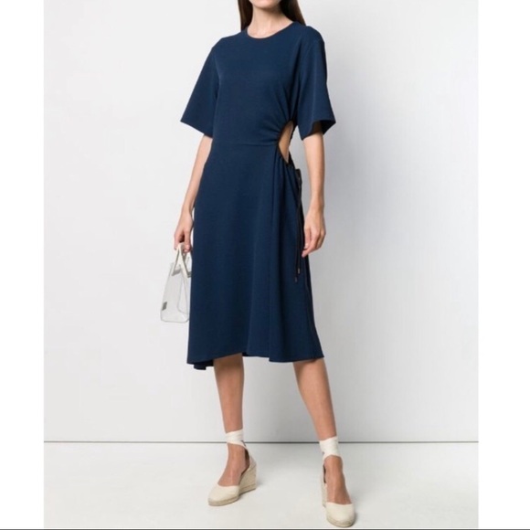See by Chloe Asymmetrical Short Sleeve Cut Out Midi Tie Cinch Waist Dress Blue - Picture 1 of 8